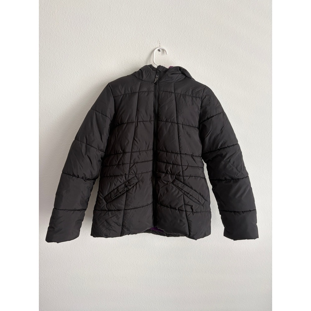 Wonder Nation Girls Black Puffer Jacket Purple Faux Fur Lined Hooded XL 14-16